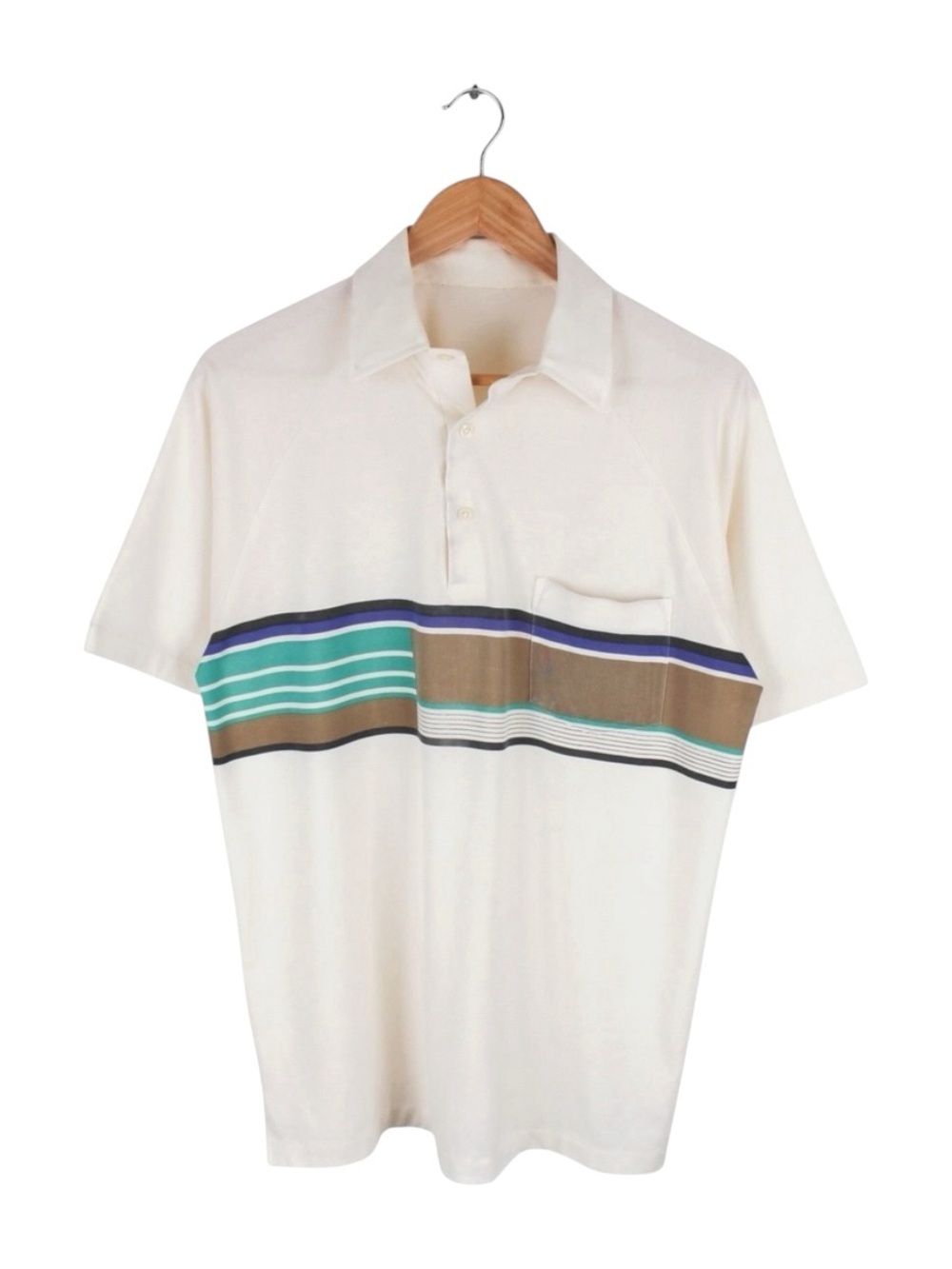 Vintage 70s Polo Shirt Striped White Short Sleeve Pocket Knit Size Medium